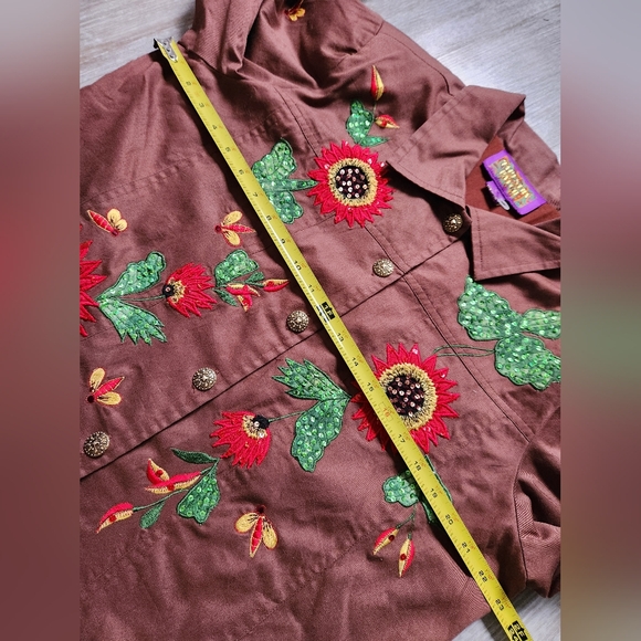 Tapestry Patch Women's L Jacket Sequined Flowers &Embroidered Bees Lined Brown - Picture 6 of 8